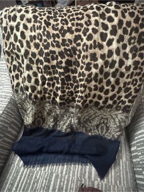 Animal-Print Lightweight Scarf with Navy Border